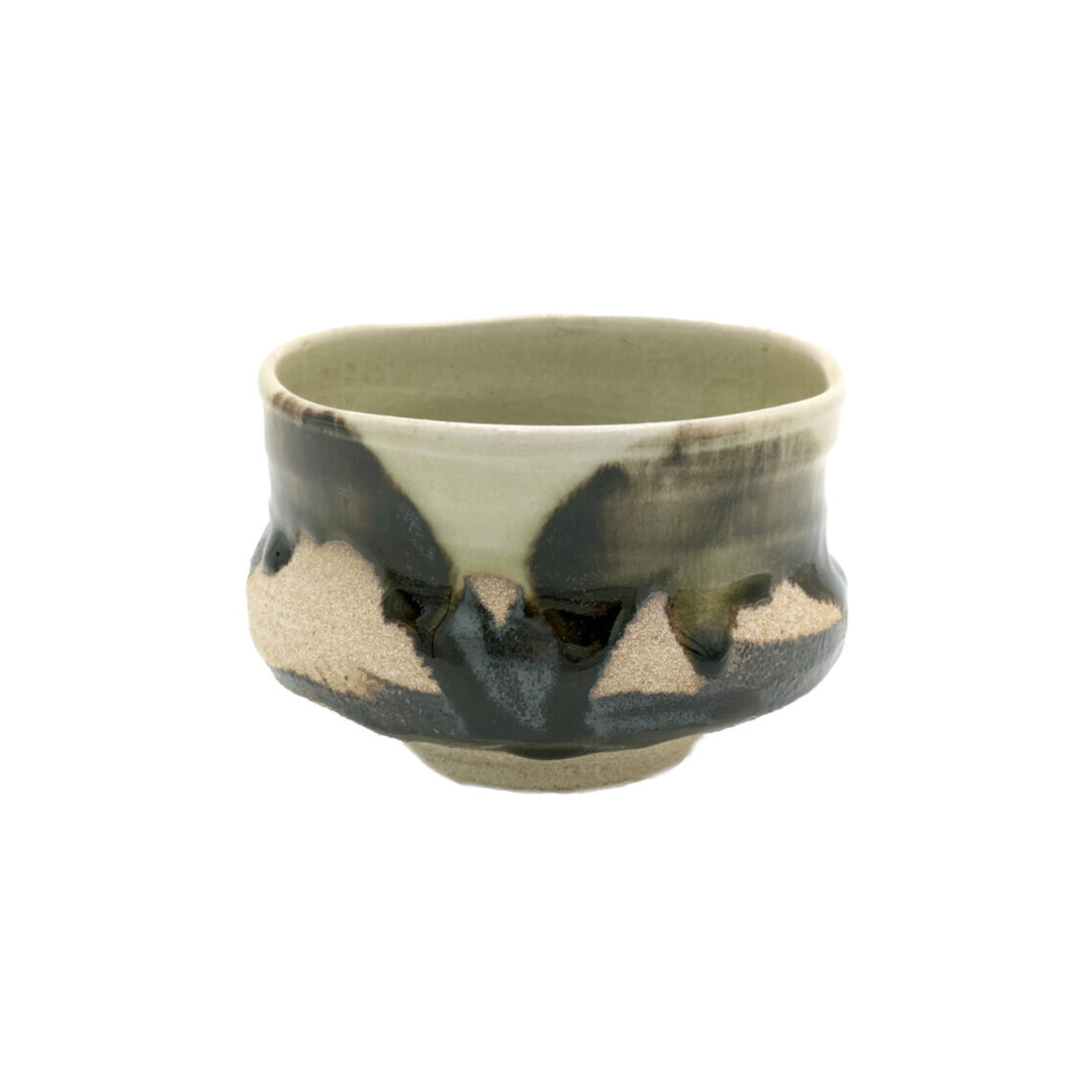 Matcha bowl with geometric ash glaze pattern