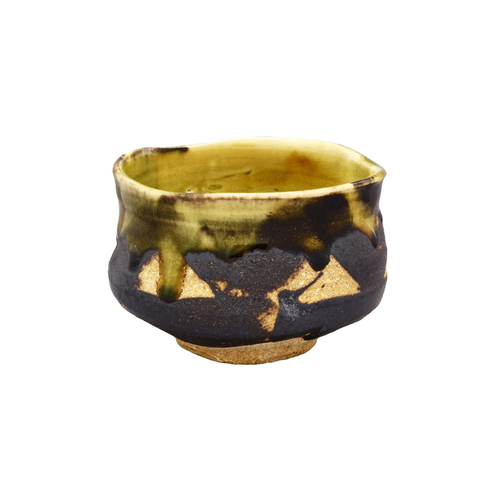 Matcha bowl with geometric ash glaze pattern